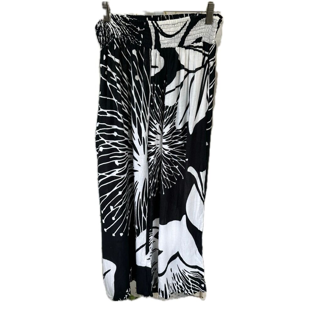 Lotus & Lime Gingko Smocked Elastic Waist Side Pockets Wide Leg Palazzo Pants OS